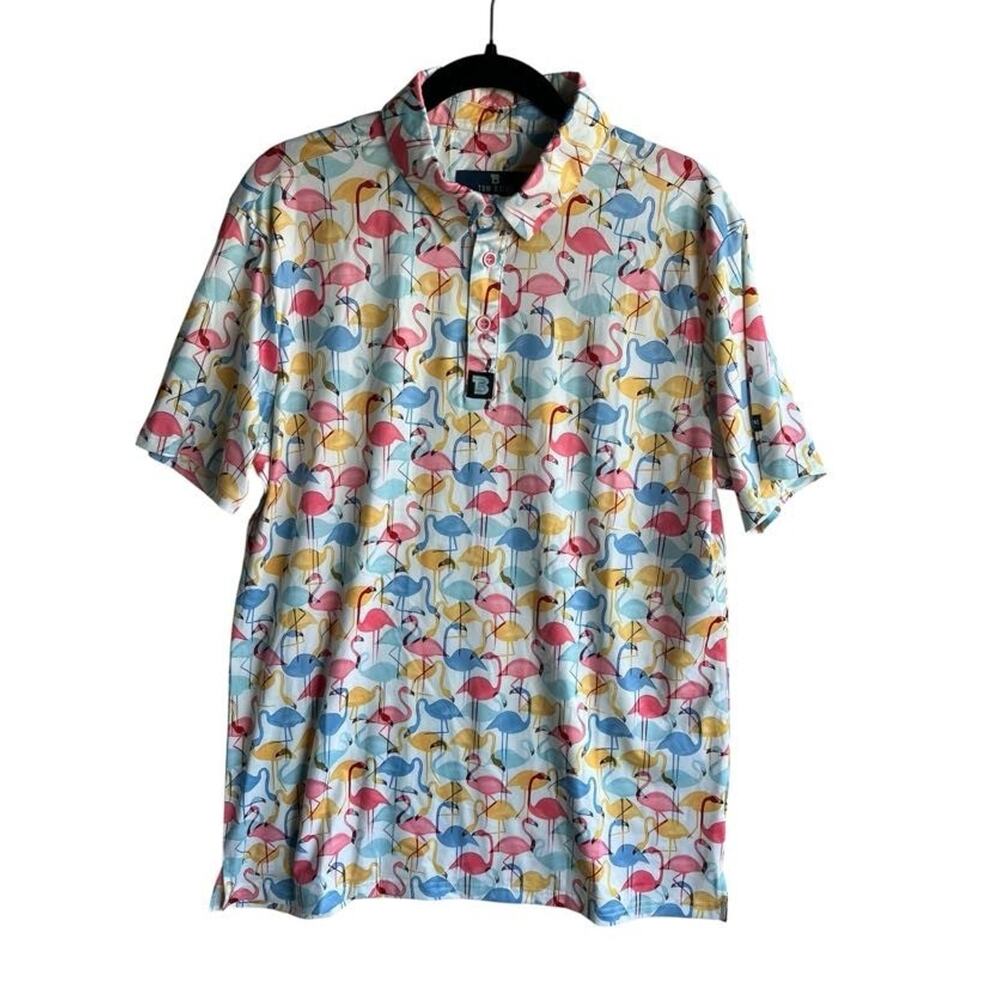 Tom Baine Slim Fit Men's Golf Polo Shirt Colorful Flamingos AOP Size Medium - Picture 9 of 9